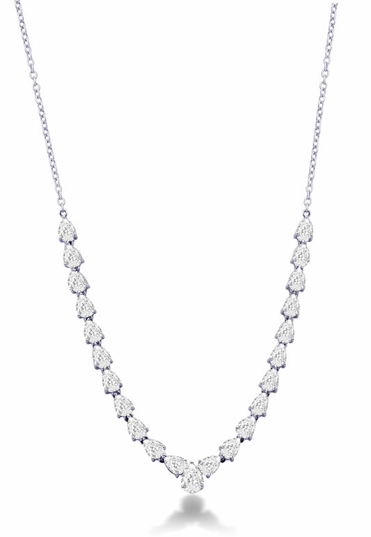 3.35 CTW lab grown diamond pear drop necklace in 14K white gold featuring graduated pear shaped diamonds and paperclip chain.