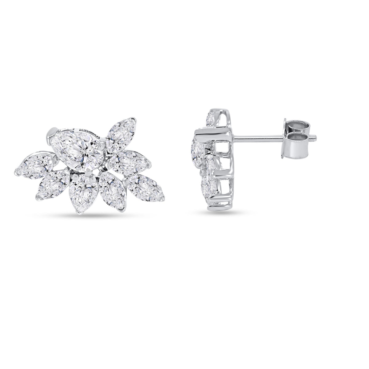 Front and side view of 3.60 CTW lab grown diamond floral cluster stud earrings in 14K gold with marquise and round diamonds.